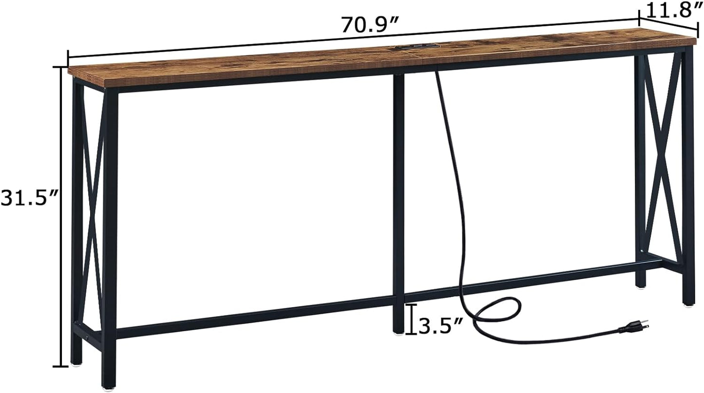 NEW - SUPERJARE 70 Inch Console Table with 2 Outlet and 2 USB Ports, Extra Long Entryway Table with Metal Frame and X-Shaped Design, Narrow Sofa Table for Living Room and Hallway - Rustic Brown - Retail $89
