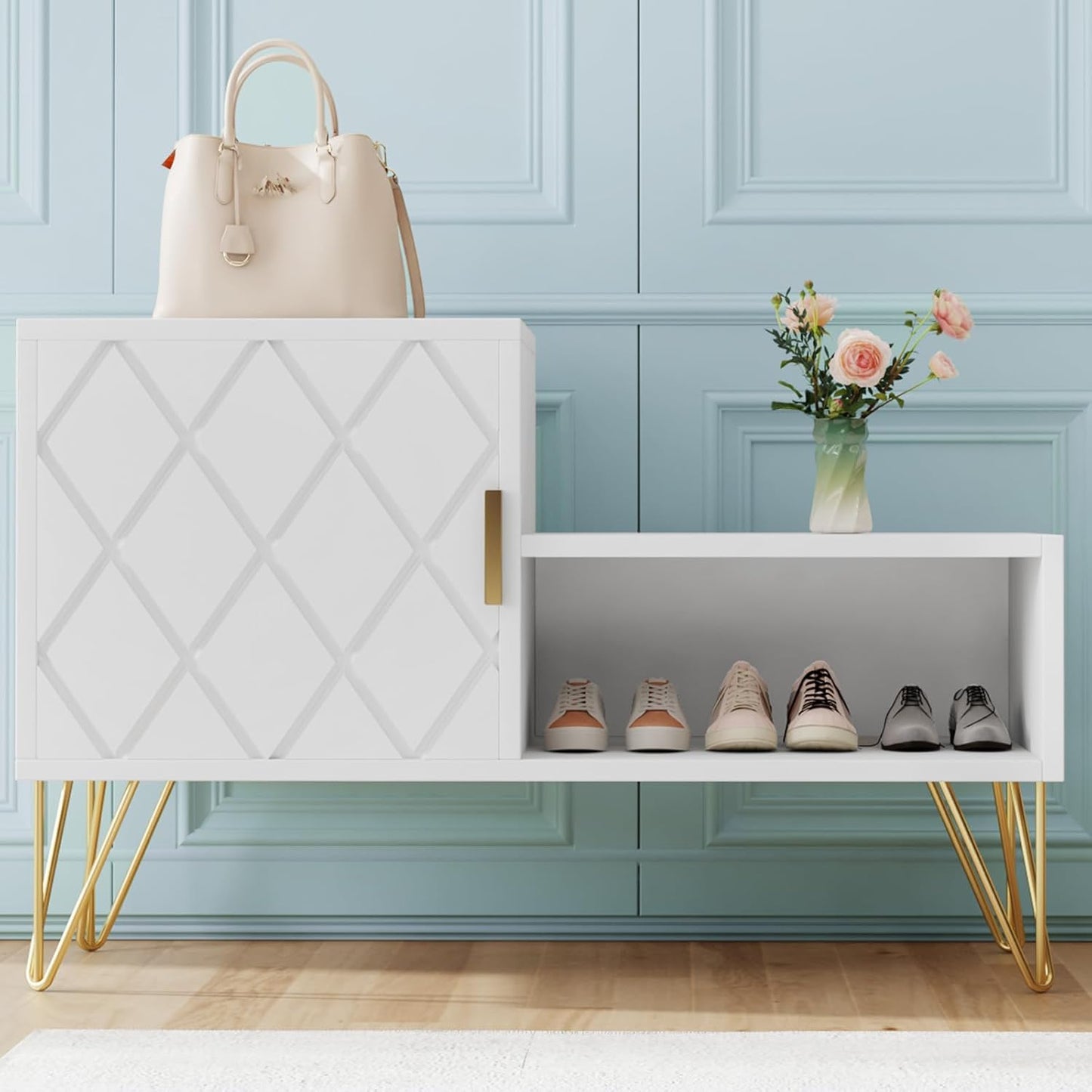 yoyomax Storage Bench with 2 Compartments & Adjustable Shelf, Holds up to 350lb Shoe Rack for Entryway/Hallway(30in, White)