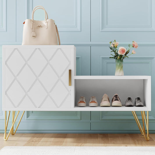 yoyomax Storage Bench with 2 Compartments & Adjustable Shelf, Holds up to 350lb Shoe Rack for Entryway/Hallway(30in, White)