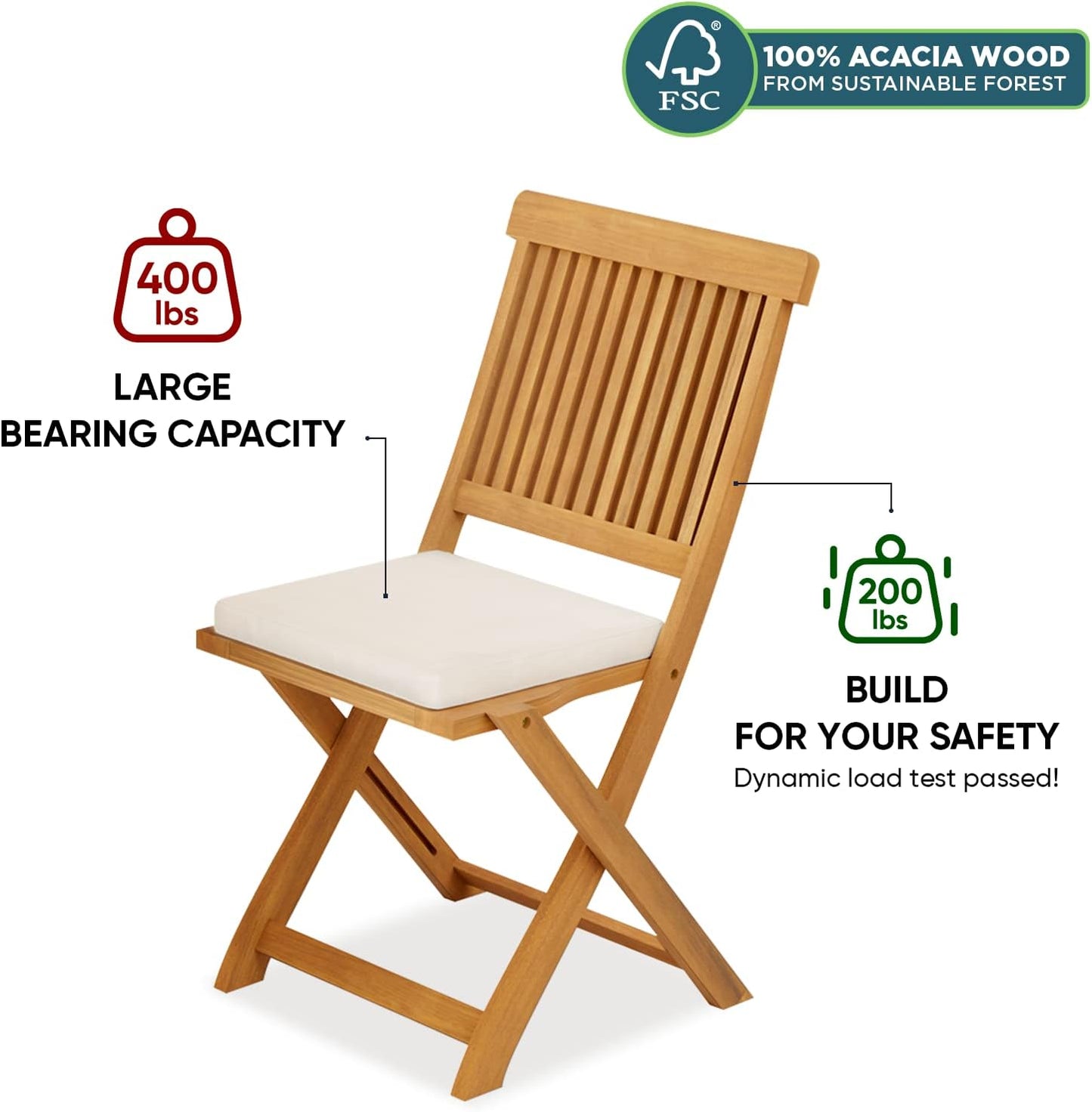 IDZO Heavy Duty 400lbs Capacity Patio Bistro Sets, 3 Piece Outdoor Folding Chairs with Cushions and Round Table, FSC-Certified Acacia Wood, Space-Saving Design for Balcony, Garden and Porch