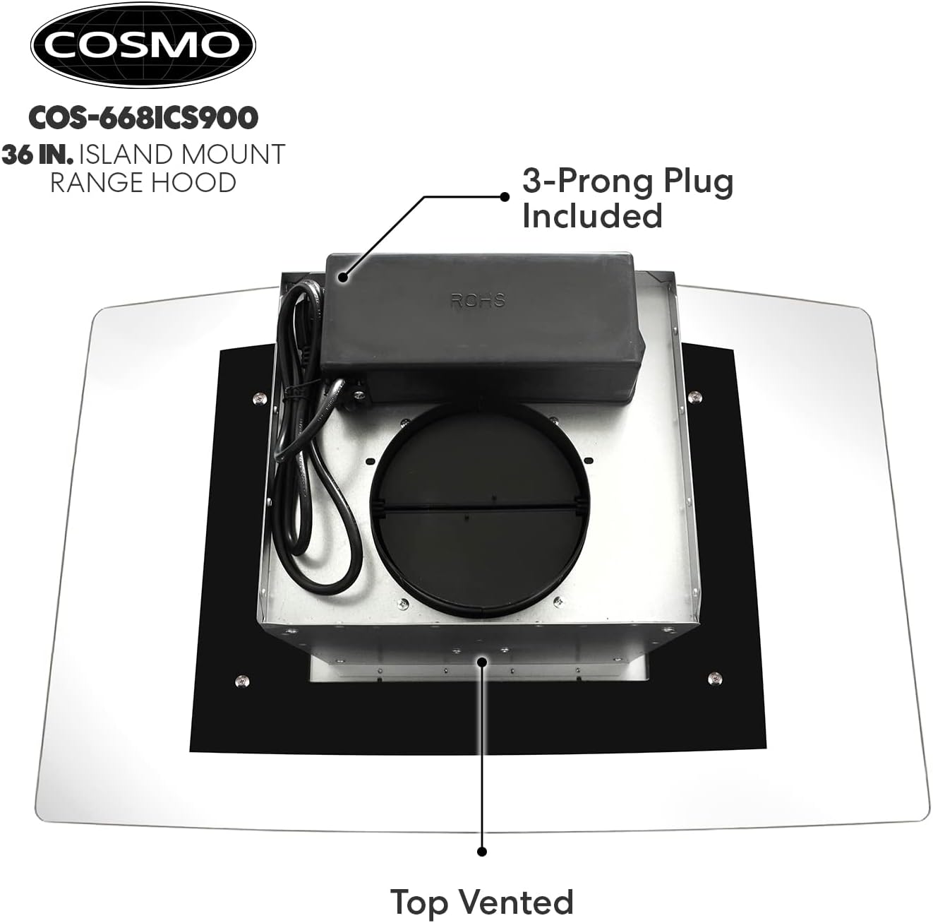NEW w/ dmg - COSMO 668ICS900 36 in. Island Range Hood with 380 CFM, 3 Speeds, Ducted, Permanent Filters, Soft Touch Controls, LED Lights, Curved Glass Hood in Stainless Steel - Retail $359