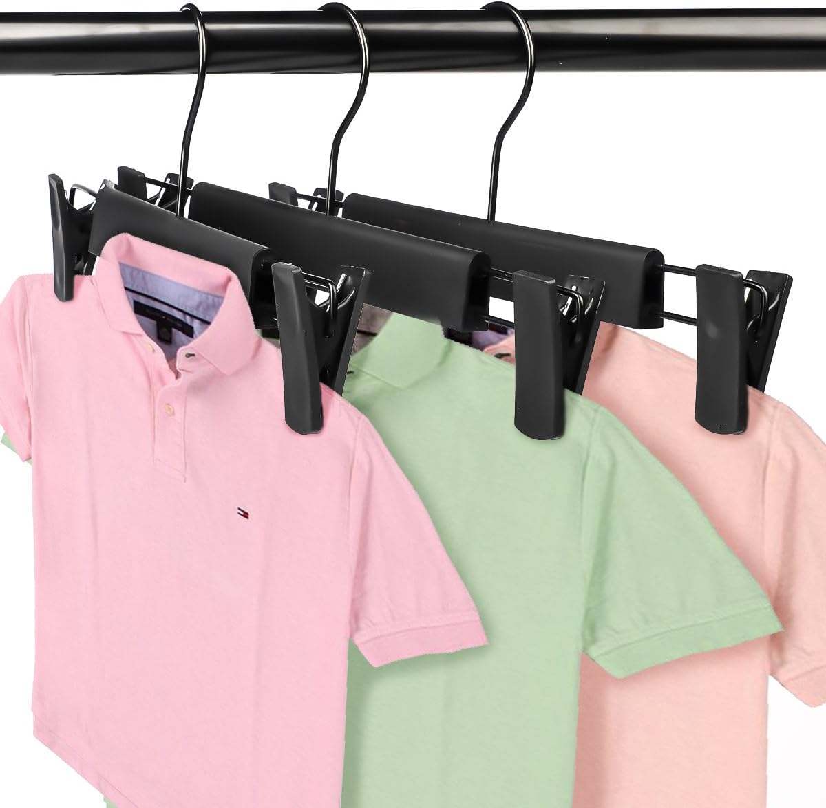 Clothes Hangers Black Plastic Clothes Pants Hangers with 2-Adjustable Anti-Rust Clips Skirt Hangers and 360 Rotatable Hook Trousers Jean Hangers Pack of 10 - Retail $12