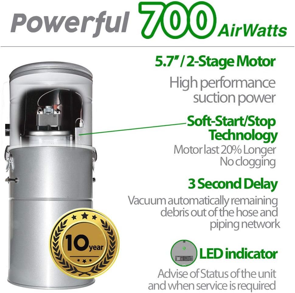 OVO Unit Heavy Duty Powerful Central Vacuum System, Hybrid Filtration (with or Without Disposable Bags) 35L or 9.25Gal, 700 Air watts with 40 ft Carpet Deluxe Accessory Kit, Silver