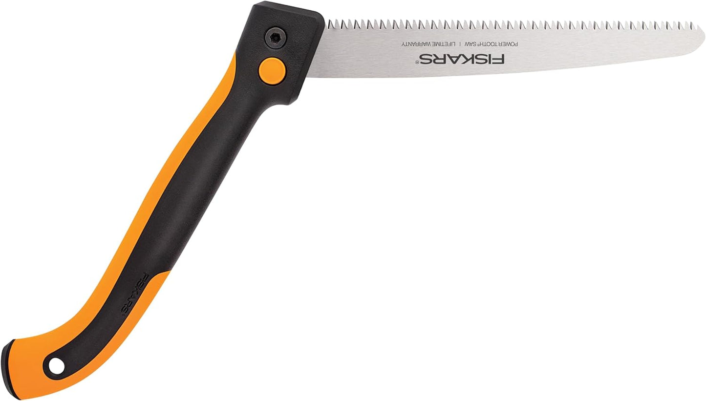 Fiskars Hand Saw, Folding Saw with Dual Position Locking Saw Blade for Overhand Cuts and Under Cuts and Power Tooth Blade with Triple Ground Teeth, Soft Grip 10-Inch Pruning Saw - Retail $23