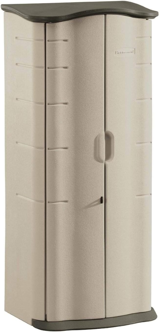NEW - Rubbermaid Vertical Resin Weather Resistant Outdoor Storage Shed, 2x2.5 ft., Olive and Sandstone, for Garden/Backyard/Home/Pool - Retail $329