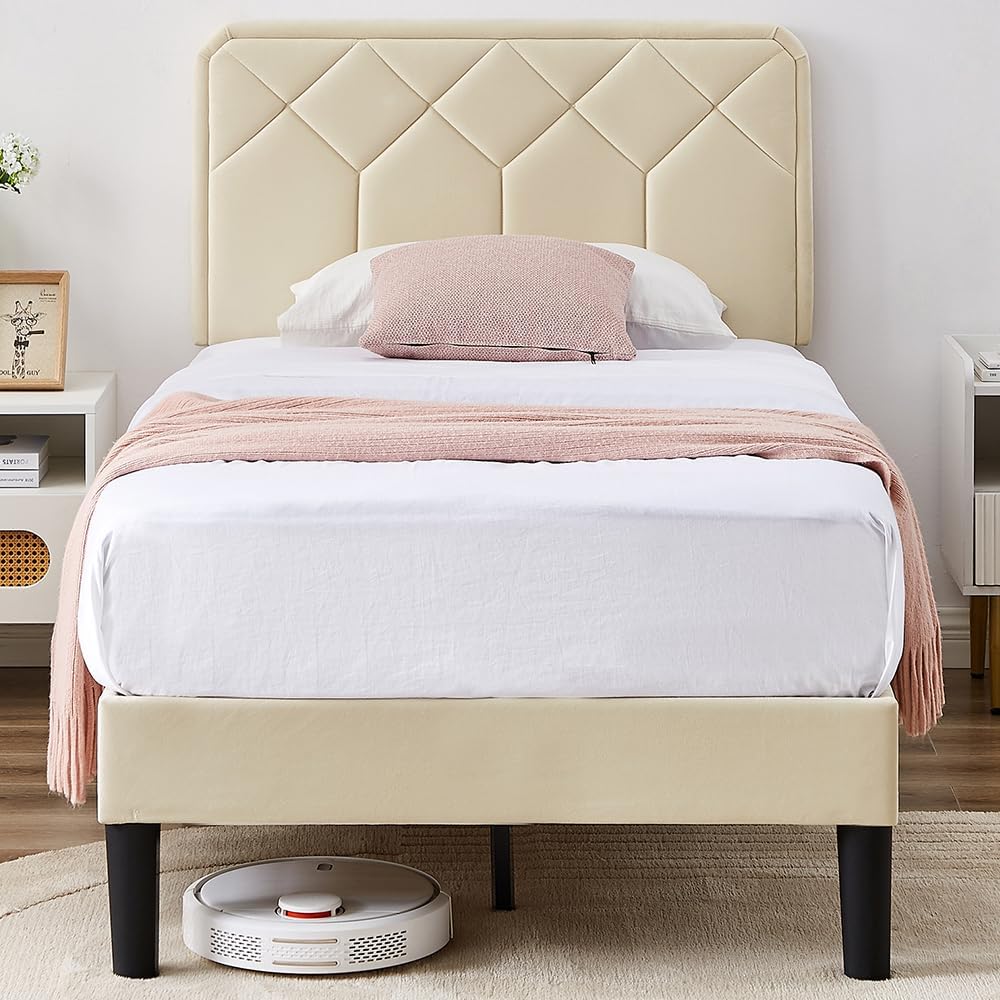 NEW - VECELO Twin Size Bed Frame Premium Velvet Upholstered Platform with Height Adjustable Headboard/Mattress Foundation, Solid Wooden Slat Support, No Box Spring Needed/Easy Assembly - Retail $150