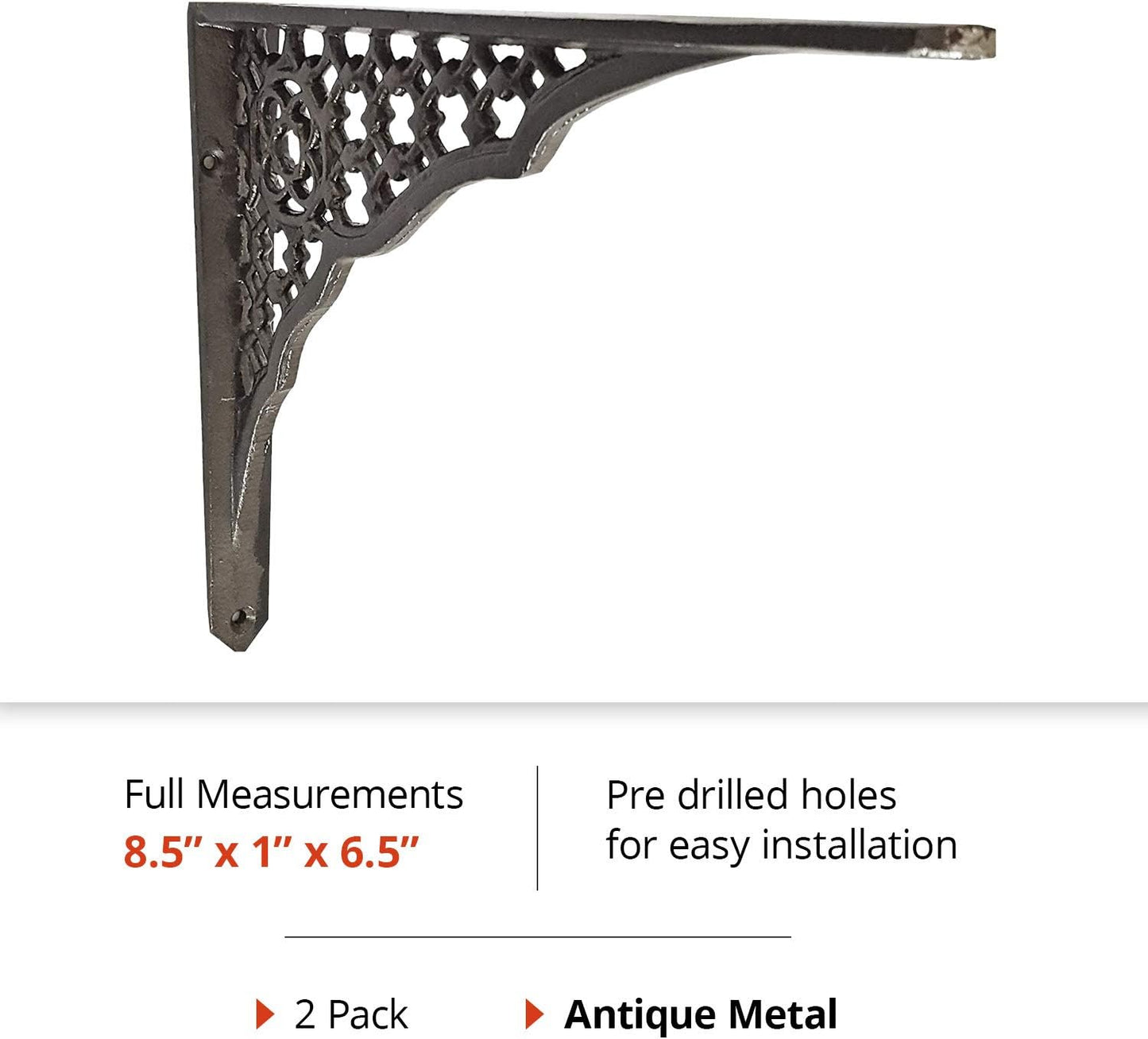NACH Decorative Shelf Brackets, 2 Pack of 6.5 x 1 x 8.5 inch, Black Cast Iron Shelf Support Bracket - Metal Shelf Brackets for Wall - Lattice Shelf Bracket