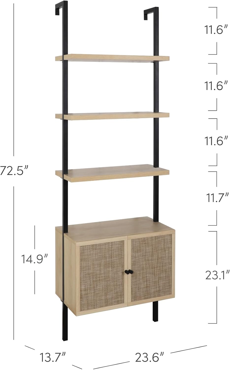 Nathan James Theo Ladder 3 tier Open Bookshelf with Rattan Drawers and Matte Steel Frame, Light Oak/Black