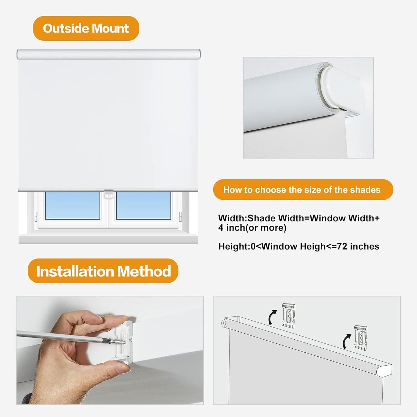 Persilux Cordless Window Roller Shades (24" W x 72" H, White) 100% Blackout Window Blinds UV Protection