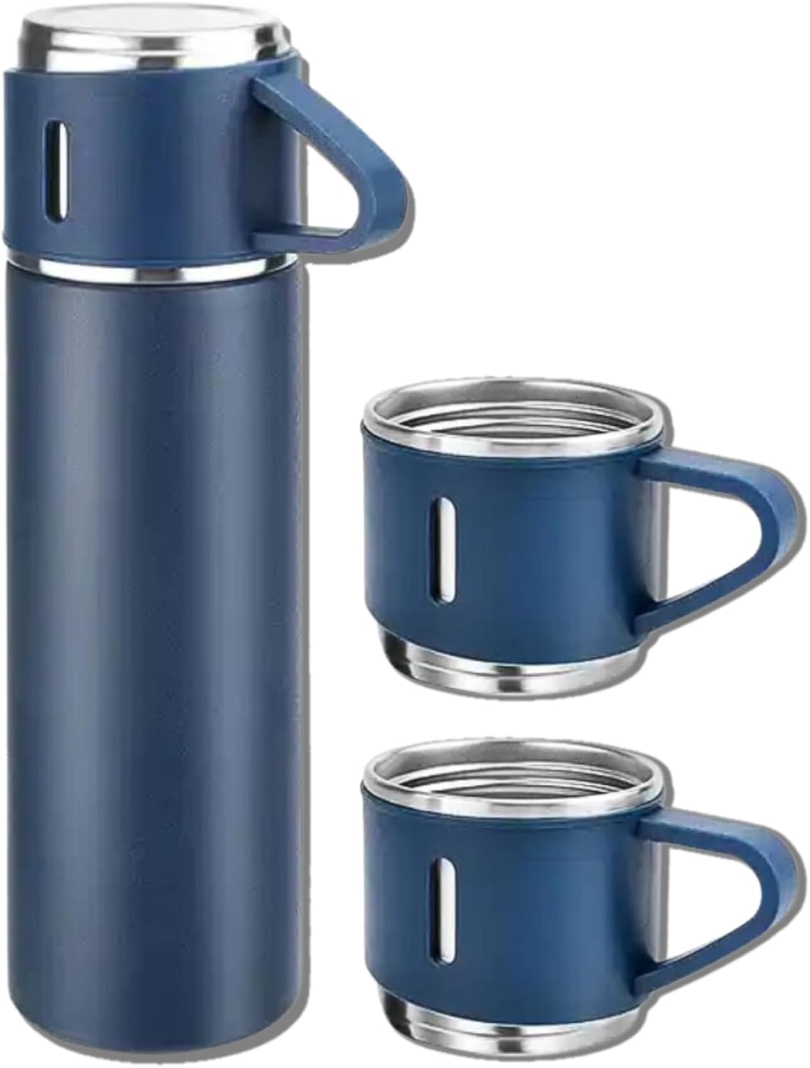 Blue Vacuum Flask Set - Insulated Water Bottle w/ 3 Cups Gift Set - Thermos Water Bottle for Hot and Cold Drinks - Reusable Stainless Steel Water Bottles for Indoor and Outdoor Activities (17 Fl Oz)
