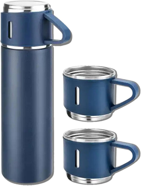Blue Vacuum Flask Set - Insulated Water Bottle w/ 3 Cups Gift Set - Thermos Water Bottle for Hot and Cold Drinks - Reusable Stainless Steel Water Bottles for Indoor and Outdoor Activities (17 Fl Oz)