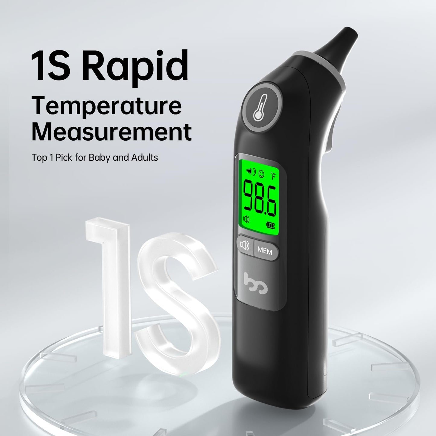 Ear Thermometer, Highly Accurate Ear Thermometer for Kids, Adults and Babies, 30 Memory Recall, 1s Result and 3-Color Fever Alert, with 24 Disposable Probe Covers, Black