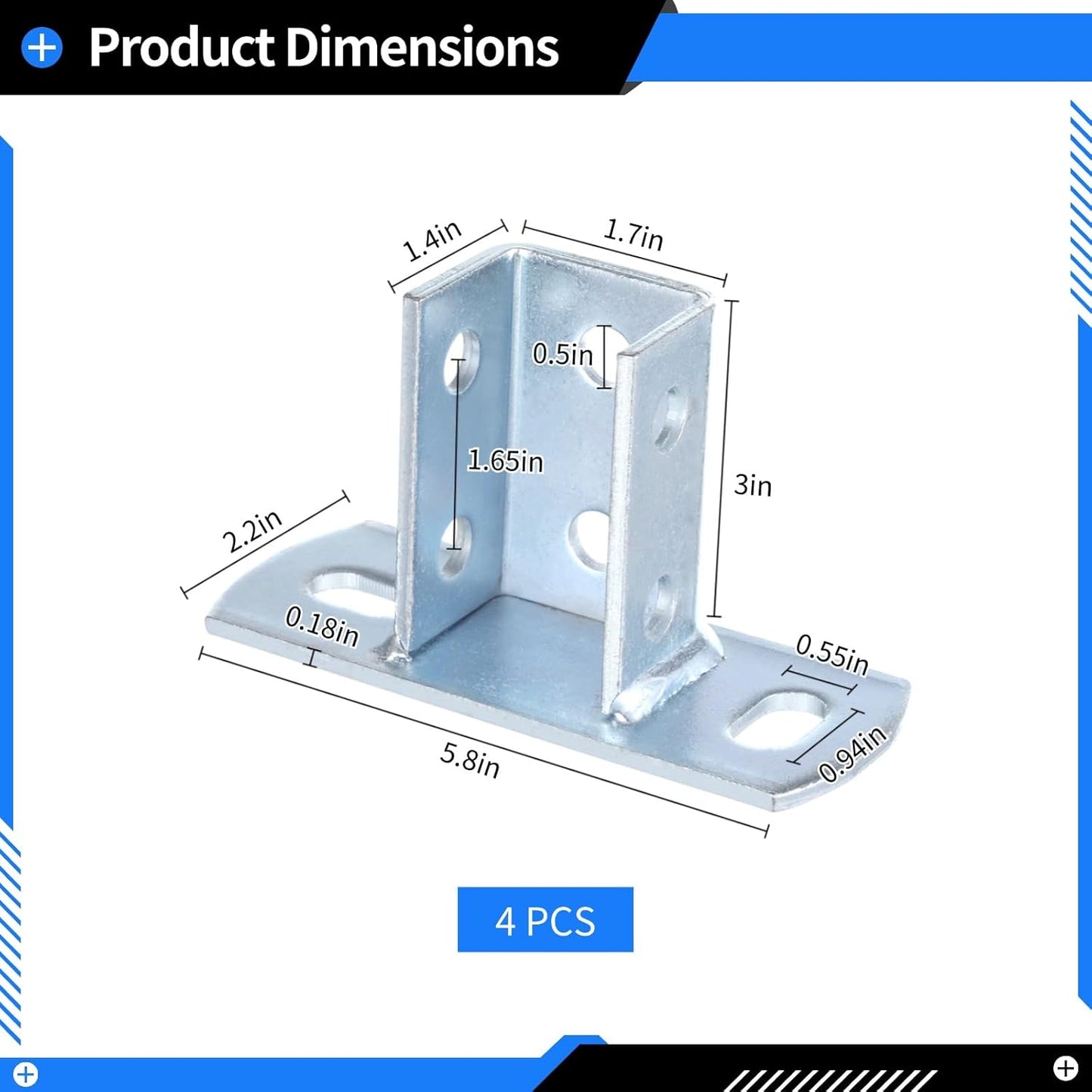 8 PCS Strut Post Bases, 2 Slotted Holes U Post Base for 1-5/8 Inches Square Single Channel, Heavy Duty Galvanized Carbon Steel Wall Ground Floor Mounting System, Universal Shelf Bracket Pile Base