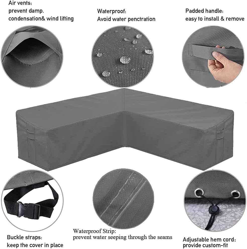Patio Furniture Sectional Couch Sofa Cover Gray Weatherproof Heavy Duty 420D Oxford Outdoor V Shaped Sectional Garden Rattan Corner Sofa Furniture Protector Covers (V-Shape: 84x84in)