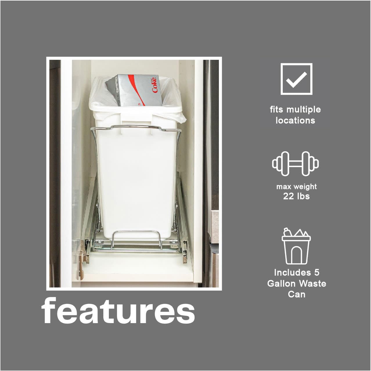 NEW - Household Essentials Glidez Chrome-Plated Steel Pull-Out/Slide-Out Discreet Single 5 Gallon Plastic Trash Can for Under Cabinet Use - Fits Standard Size Cabinet, Chrome and White - Retail $53