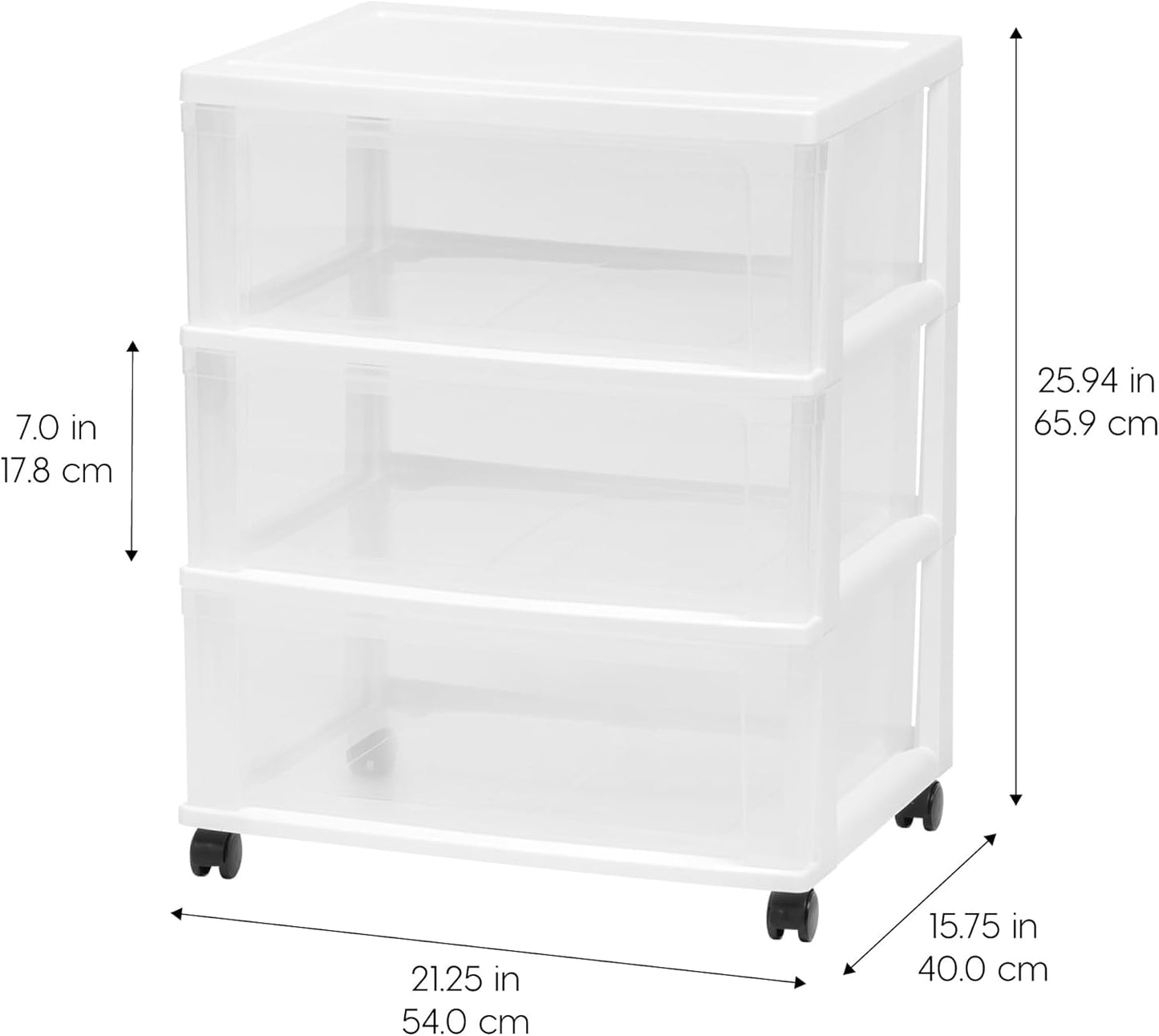 IRIS USA Plastic Drawer Storage Organizer Rolling Cart, with Wheels Casters, 3-Drawers, for Art Craft Supplies Bathroom Dorm Bedroom Laundry Room, Wide, White