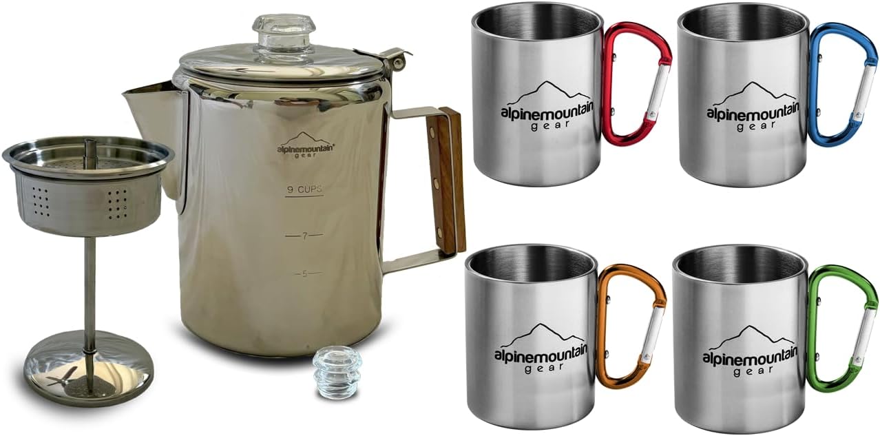 9-Cup Coffee Percolator Set with 4 Mugs – Stainless Steel Camping Coffee Pot