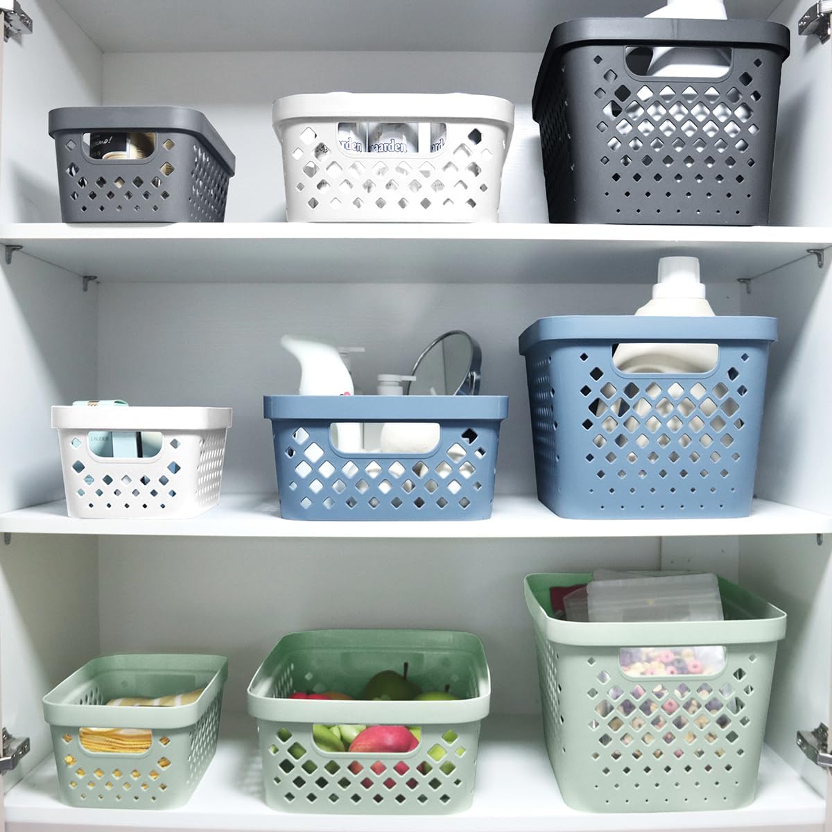 NEW - Glad Plastic Storage Basket Set, Value Pack of 6 | Open Storage Bins for Shelves, Bathroom, Pantry, Closet | Nesting Organizer Boxes with Handles, 4 Gallon, Marina Blue - Retail $38