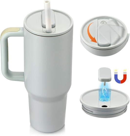40 oz Tumbler with Handle and Magnetic Straws Lid, Stainless Steel Insulated cups 100% Leakproof Travel Coffee Mug, Grey