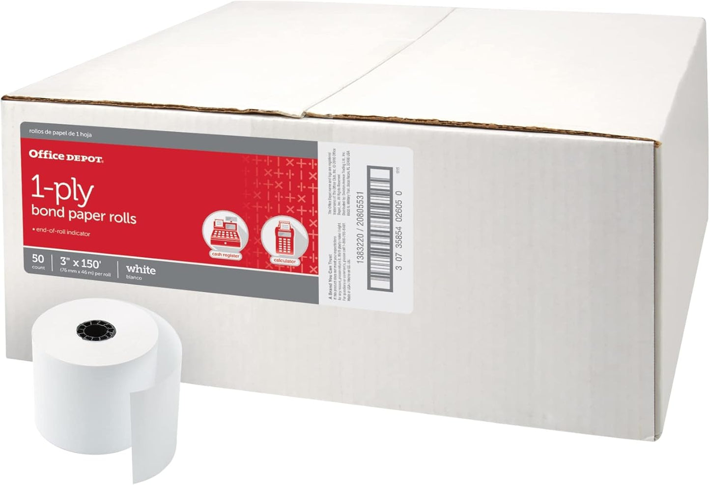 Office Depot Single-Ply Paper Rolls, 3in. x 150ft., White, Carton Of 50, 554045