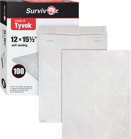 Quality Park Survivor Tyvek Shipping Envelopes, 12" x 15-1/2", Made with Lightweight and Strong DuPont Material, Peel and Seal Closure, White Shipping Envelopes, 100 Per Box (QUAR1790) - Retail $69