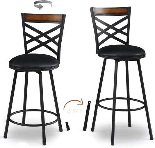 NEW - KATDANS New Black Swivel Bar Stools Set of 2, Adjustable Seat Height Bar Stools, 24/29 Inches Counter Height Stools with Back Bar Height Stools for Kitchen Island, Pub,Bistro, Restaurant, KS516R-BK - Retail $176