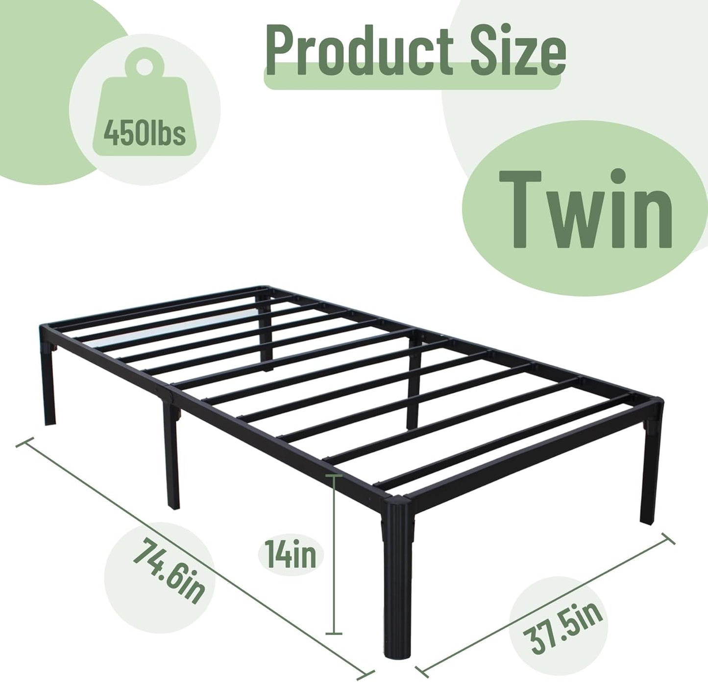 TWIN Size Bed Frame 14 Inch, Express Setup Heavy Duty Metal Frames with Steel Slats Support Ample Storage Screw Free Design, No Box Spring Needed, Noise Free, Black