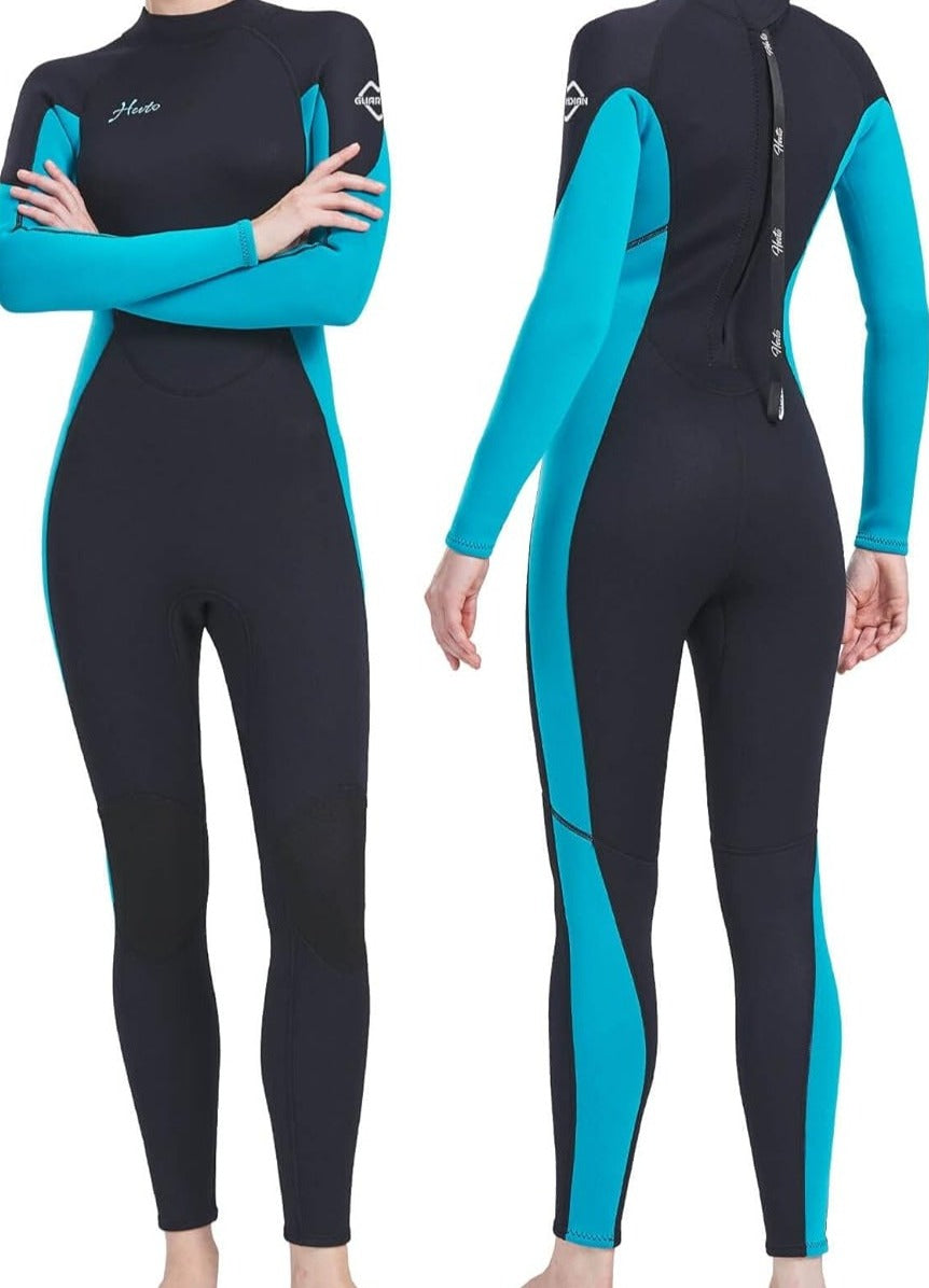Hevto Women Wetsuit 3/2mm Neoprene Full Wet Suit in Cold Water for Swimming Diving Surfing SUP Back Zipper (W1-Blue, XL) - Retail $78