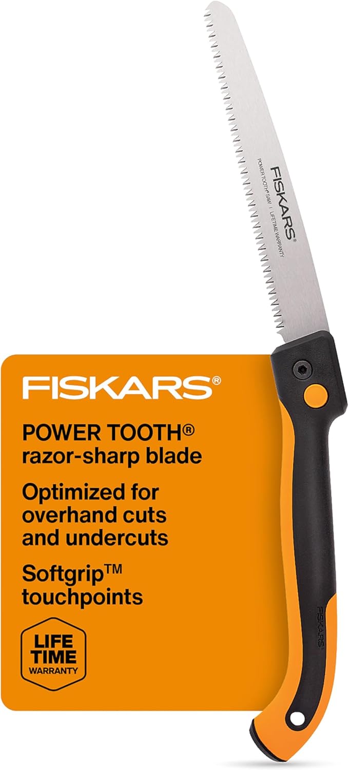 Fiskars Hand Saw, Folding Saw with Dual Position Locking Saw Blade for Overhand Cuts and Under Cuts and Power Tooth Blade with Triple Ground Teeth, Soft Grip 10-Inch Pruning Saw - Retail $23