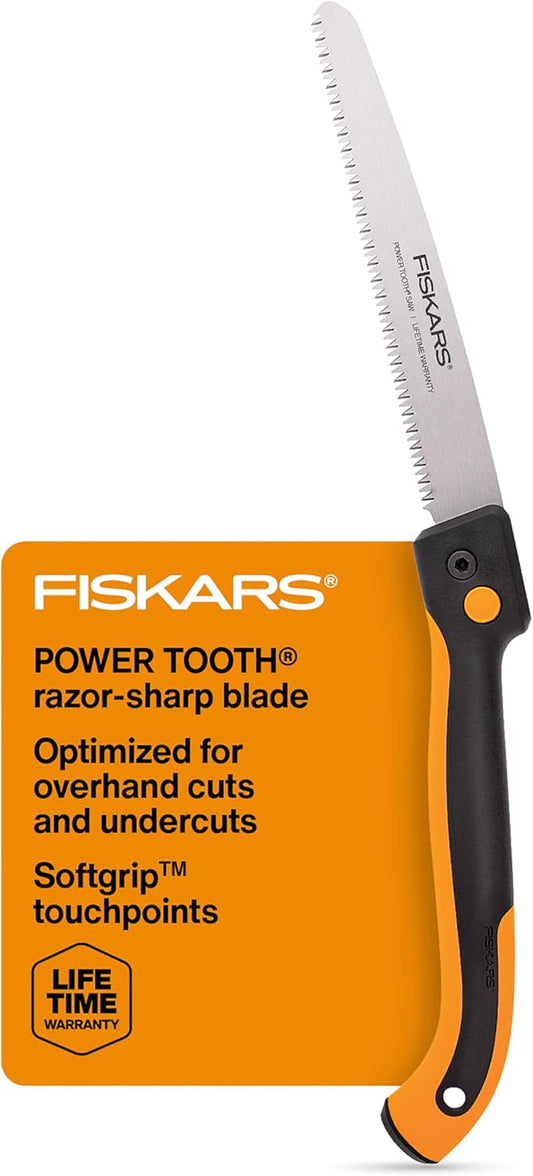 Fiskars Hand Saw, Folding Saw with Dual Position Locking Saw Blade for Overhand Cuts and Under Cuts and Power Tooth Blade with Triple Ground Teeth, Soft Grip 10-Inch Pruning Saw - Retail $23