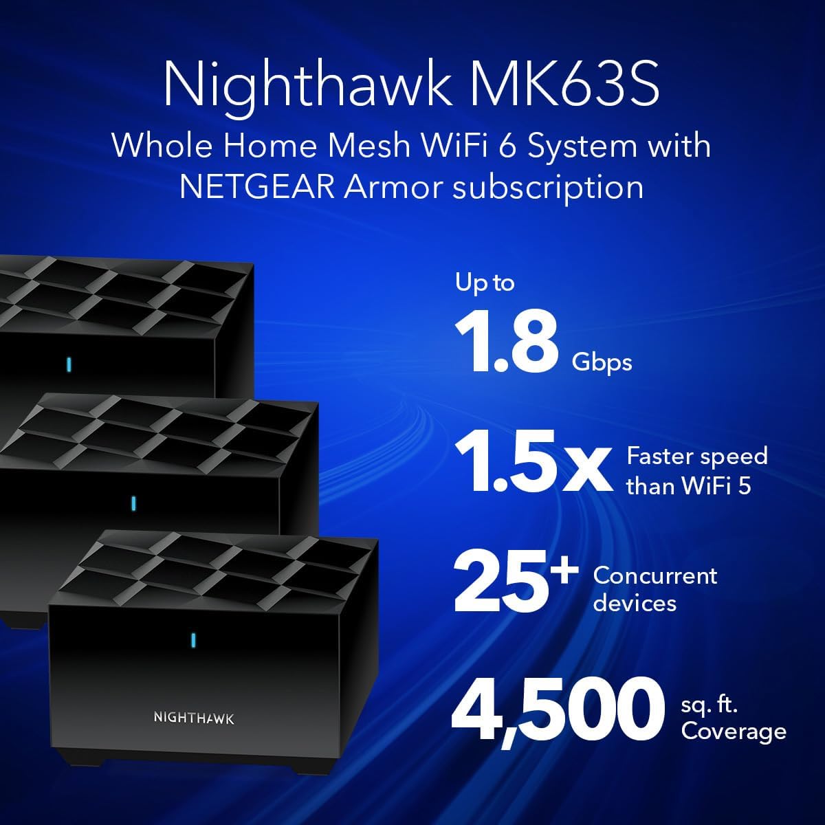 NEW - NETGEAR Nighthawk Advanced Whole Home Mesh WiFi 6 System (MK63S) AX1800 Router with 2 Satellite Extenders