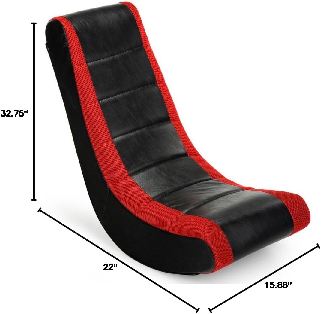 The Crew Furniture Classic Video Rocker Floor Gaming Chair, Kids and Teens, Racing Stripe PU Faux Leather & Polyester Mesh, Black/Red - Retail $40