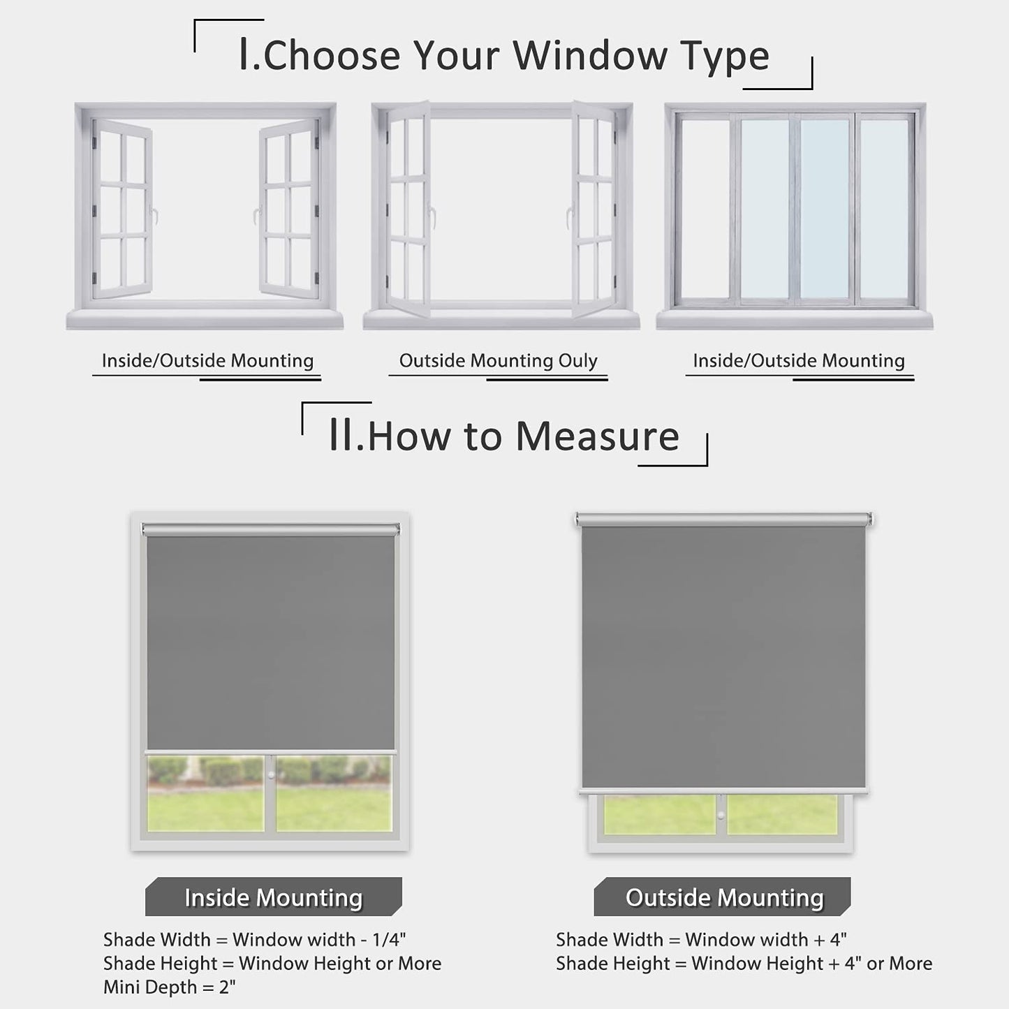 Grey Blackout Shades Roller Shade Window Blinds, Black Out 95% Light & UV, 33 inch Wide x 72 inch High - Retail $28