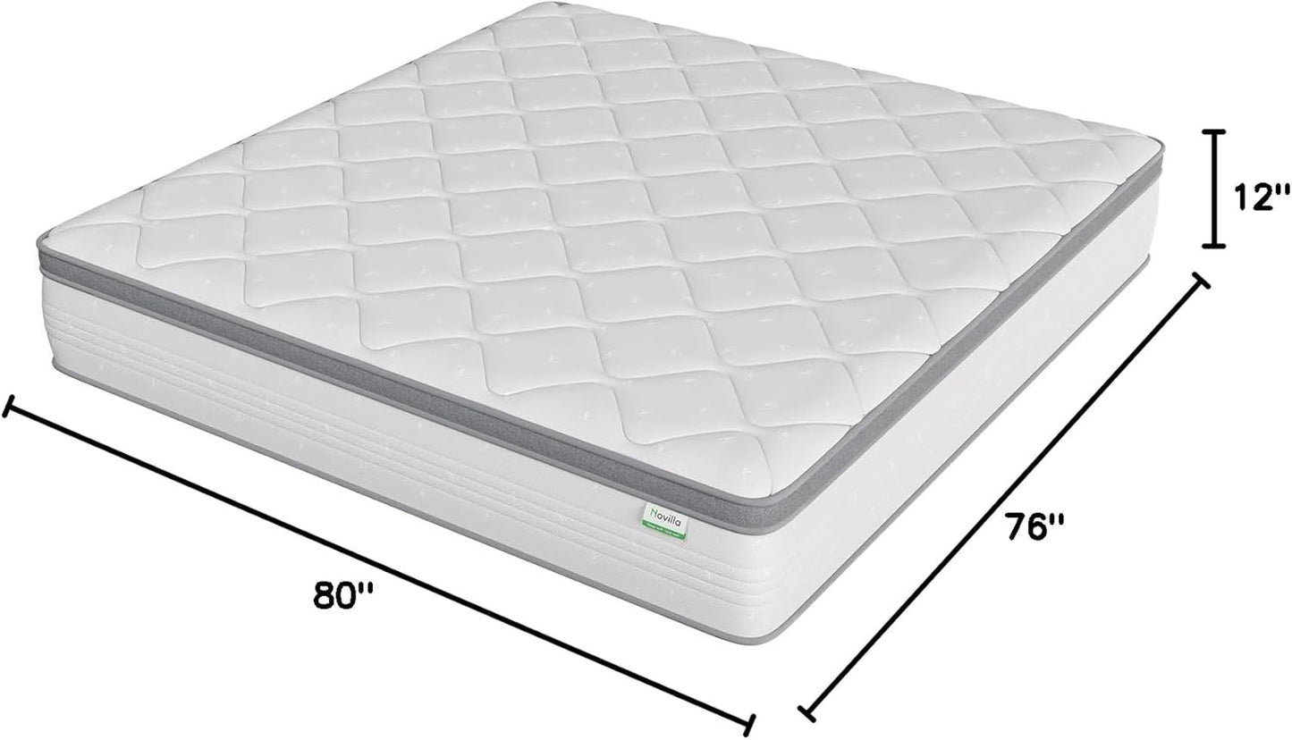 NEW - Novilla KING 12 INCH HYBRID Mattress with Comfort Foam, Innerspring Pillow Top King Mattress in a Box, King Size Mattress for Pressure & Pain Relief, Soft Feel but Supportive - Retail $250