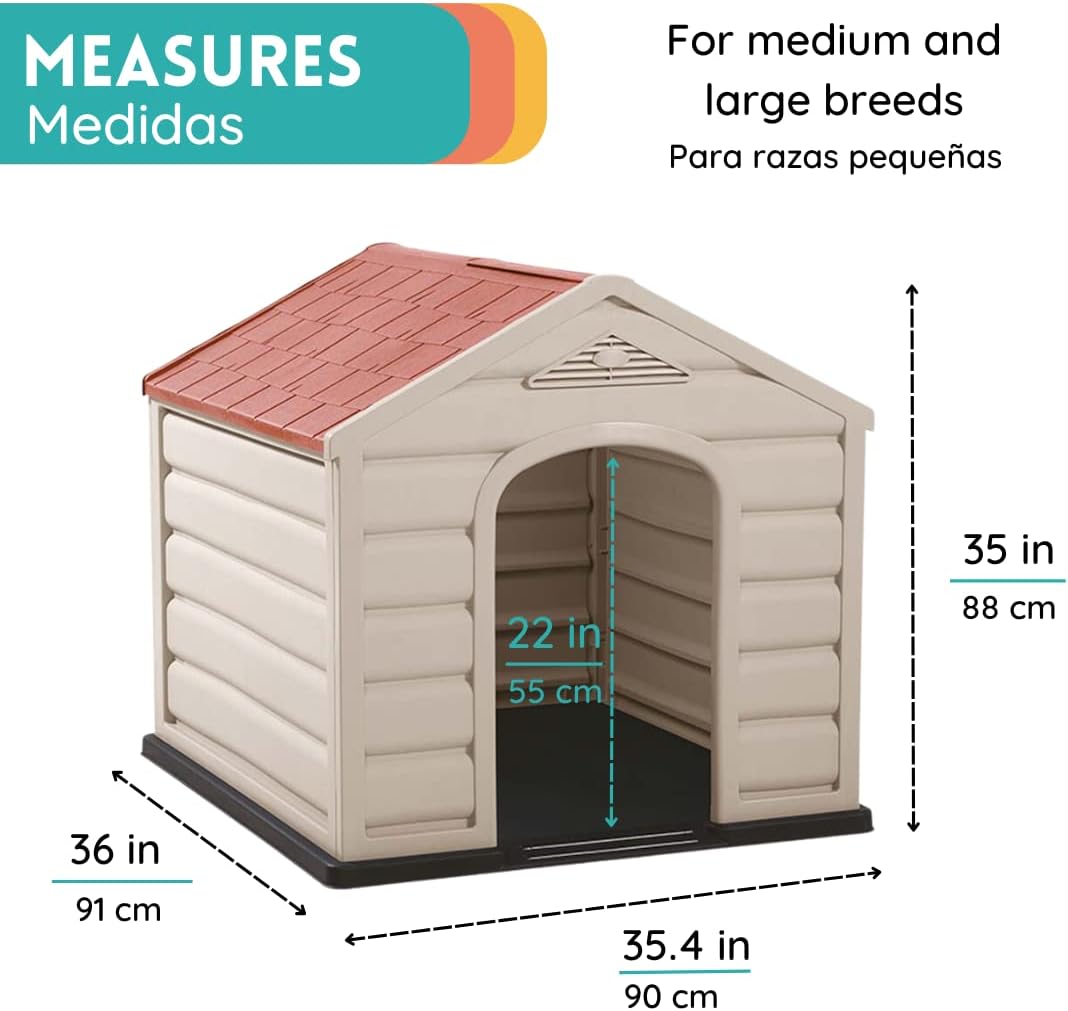 NEW w/ dmg: YO PIDO Dog Houses Made with Plastic UBQ, 35 x 35 x 36.2 in, for Medium and Small Pets, Made for Outdoors with UV Protection and Water Resistant, Moisture Resistant, Easy to Assemble, RED - Retail $145