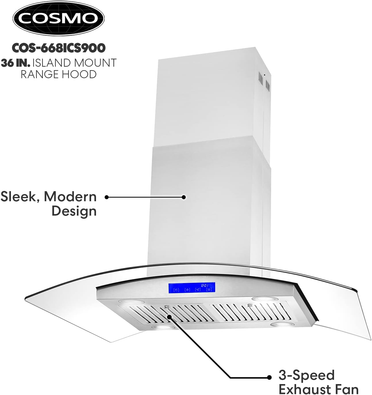 NEW w/ dmg - COSMO 668ICS900 36 in. Island Range Hood with 380 CFM, 3 Speeds, Ducted, Permanent Filters, Soft Touch Controls, LED Lights, Curved Glass Hood in Stainless Steel - Retail $359
