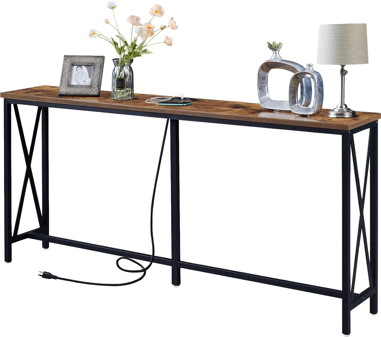 NEW - SUPERJARE 70 Inch Console Table with 2 Outlet and 2 USB Ports, Extra Long Entryway Table with Metal Frame and X-Shaped Design, Narrow Sofa Table for Living Room and Hallway - Rustic Brown - Retail $89