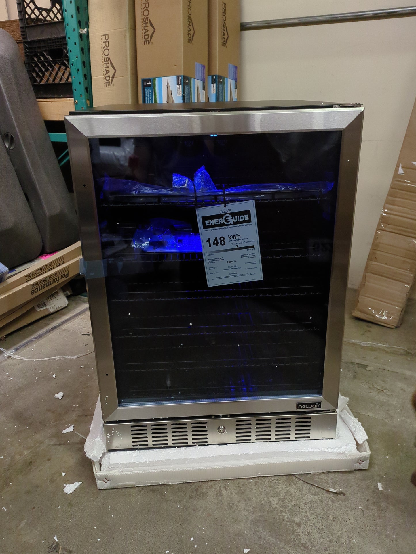 NewAir Beverage Refrigerator Cooler with 177 Can Capacity - Stainless Steel Mini Bar Beer Fridge with Reversible Hinge Glass Door - Cools to 37F - Retail $679