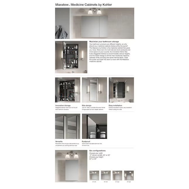 KOHLER Maxstow 30-in x 40-in Surface Mount Dark Anodized Aluminum Mirrored Rectangle Medicine Cabinet