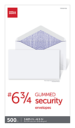 Office Depot® Brand #6 3/4 Security Envelopes, 3-5/8" x 6-1/2", Gummed Seal, White, Box Of 500