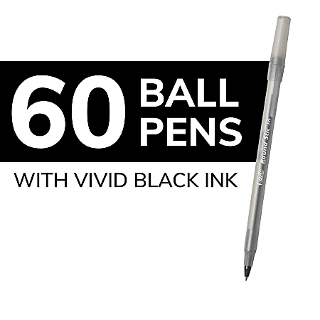 BIC Round Stic Ballpoint Pens, Medium Point, 1.0 mm, Translucent Barrel, Black Ink, Pack Of 60 Pens