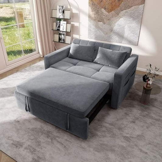 NEW - YITAHOME 55 In Grey Convertible Sofa Bed, Velvet Sleeper Sofa with Pull-Out Bed, 3-in-1 Futon Couch with Reclining Backrest and Side Pocket, Modern Loveseat for Living Room, Grey, Full Size - Retail $329