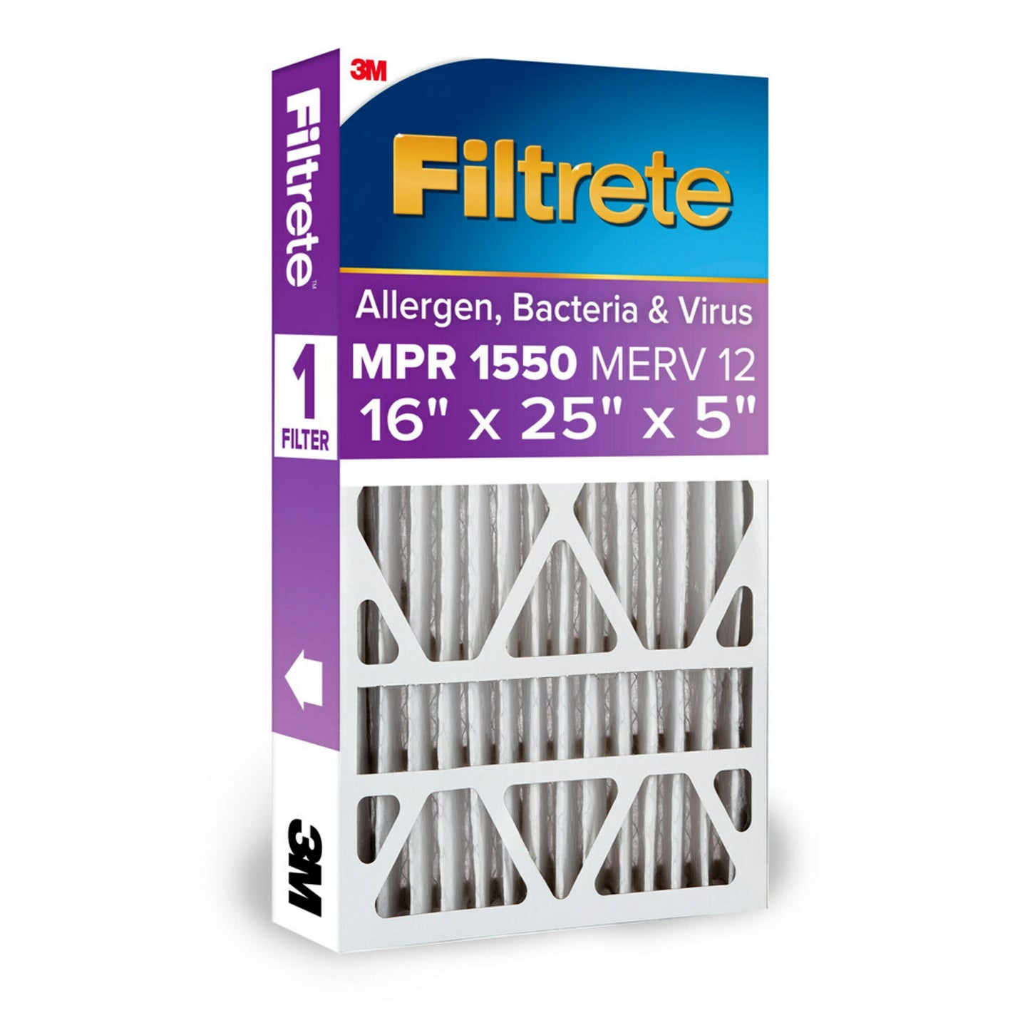 Filtrete Air Filter 16x25x5, MPR 1550 MERV 12, Ultra Allergen, Bacteria, and Virus Deep Pleat Filter