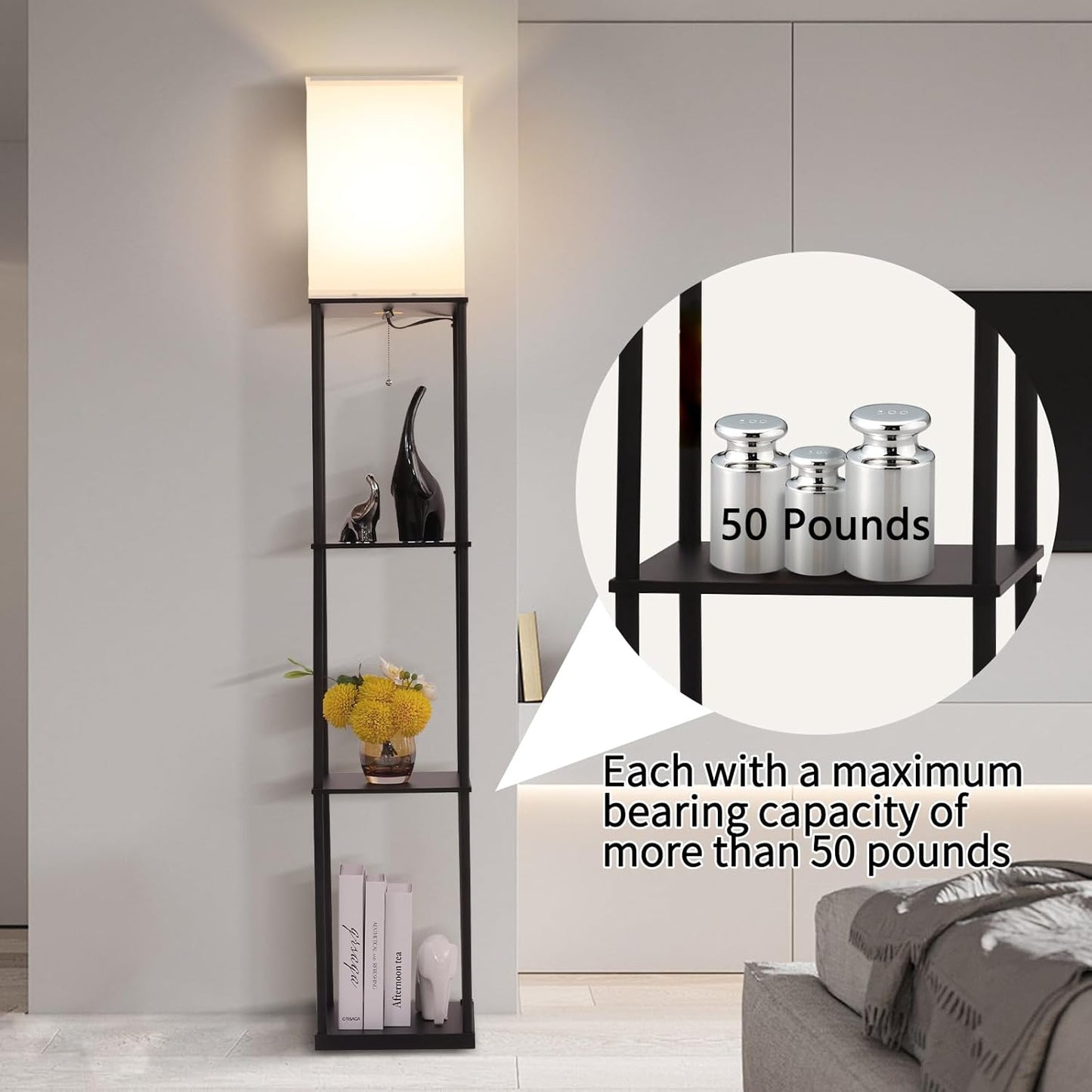 Floor Lamp with Shelves, Modern Square Standing Lamp with 3 Color Temperature Bulb, Corner Display Bookshelf Lamp for Living Room, Bedroom and Office (Black)