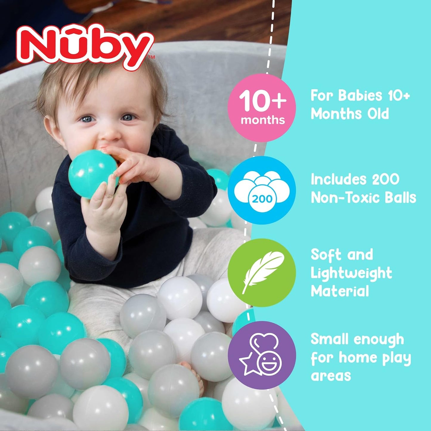 NEW - Nuby Velvet Ball Pit, Soft Play Foam Ball Pits for Baby and Toddlers with 200 Colored Balls Included, Ball Pit Playpen, Indoor Play Gym, Outdoor Play Ball Pit for Babies, Bounce Ball Game Aqua & Gray - Retail $99