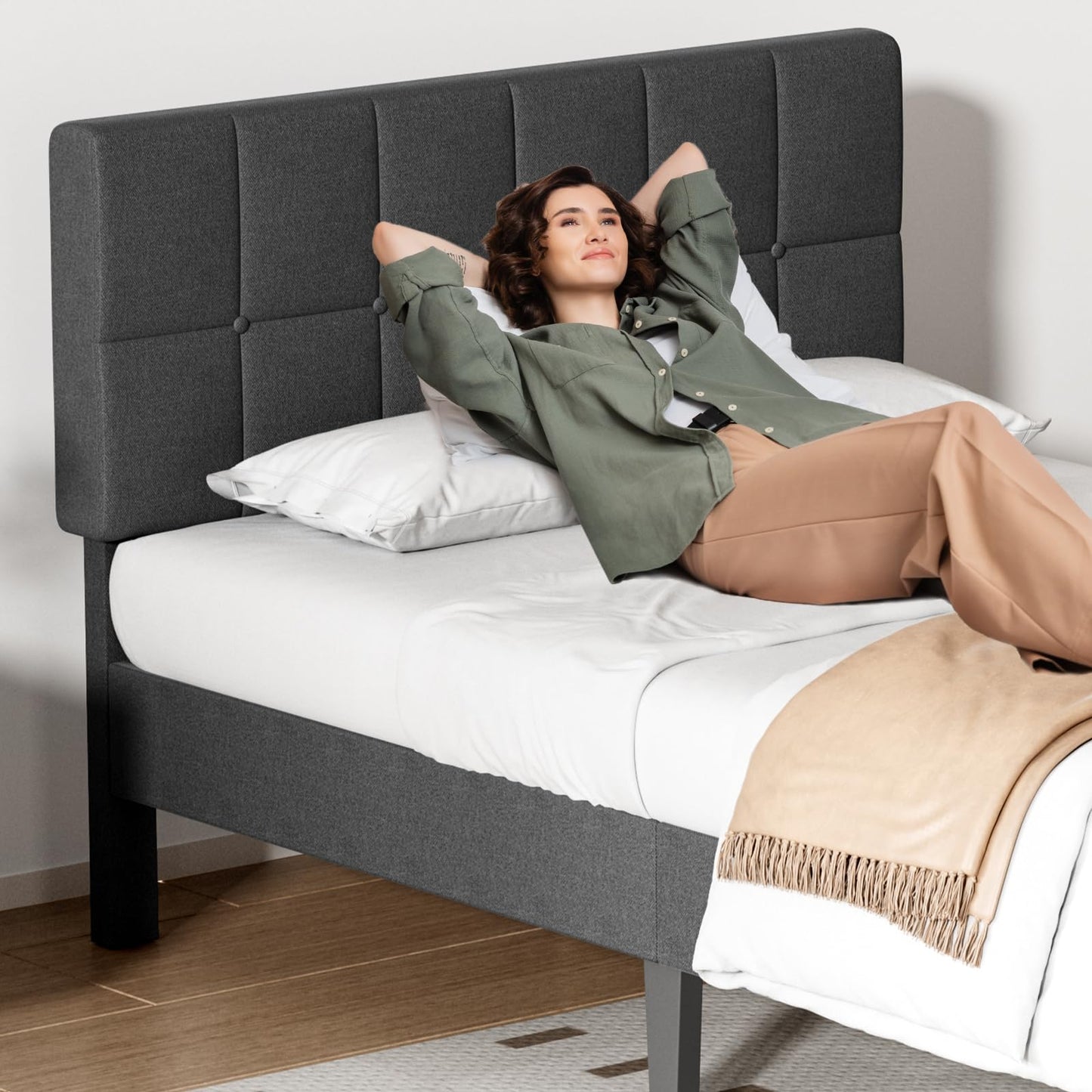 Twin Bed Frame with Adjustable Height Headboard, Dark Grey