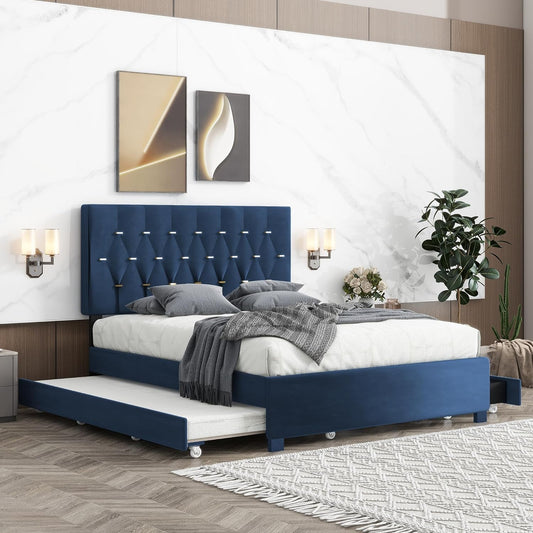 NEW - Oudiec Upholstered Queen Size Platform Bed with Trundle and Drawers for Bedroom/Guest Room, Pine Bedframe w/Wood Slat Support, No Box Spring Required,Blue - Retail $219