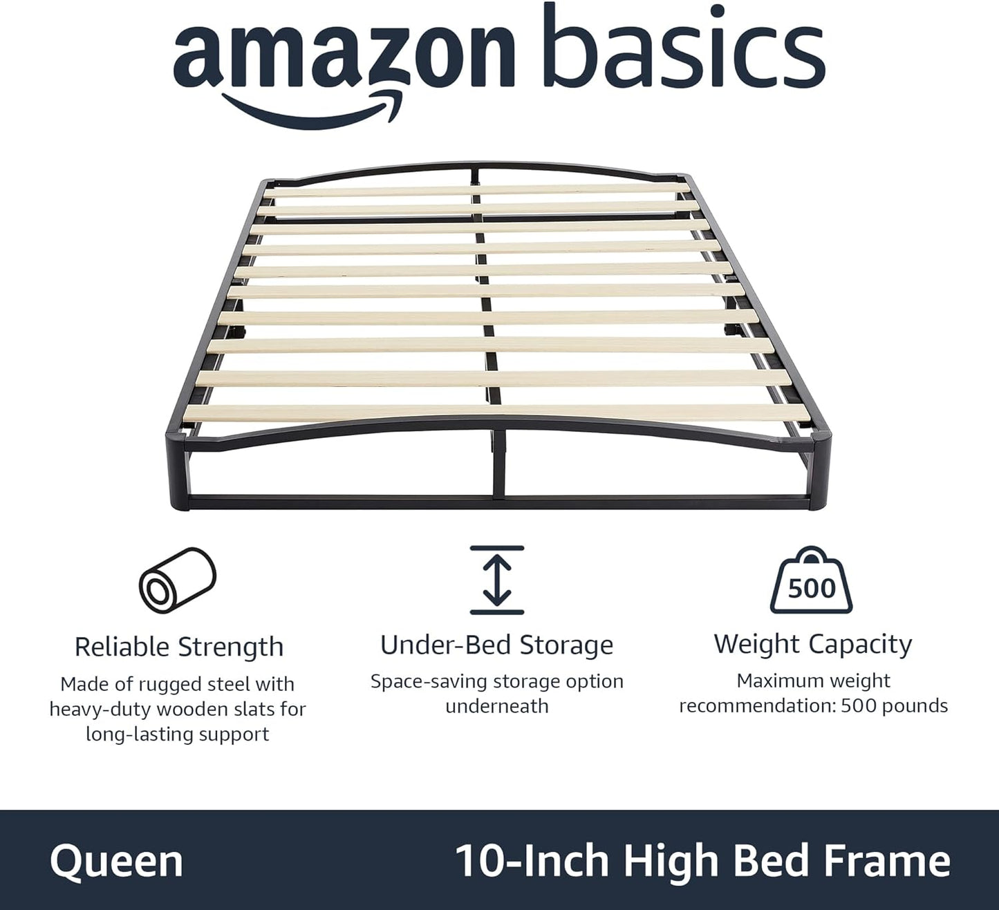 NEW - Amazon Basics QUEEN Metal Platform Bed Frame with Wood Slat Support, 10 Inches High, Black - Retail $137