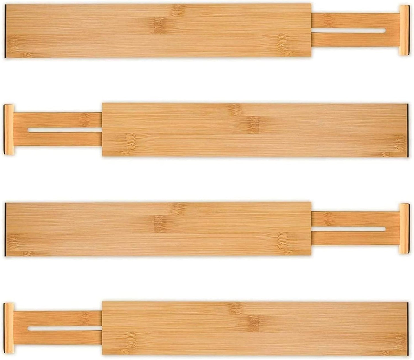 4 pcs Bamboo Kitchen Drawer Dividers, Adjustable Drawer Organizers, Spring Loaded, Works in Kitchen, Dresser, Bathroom, Bedroom, Drawer, Desk