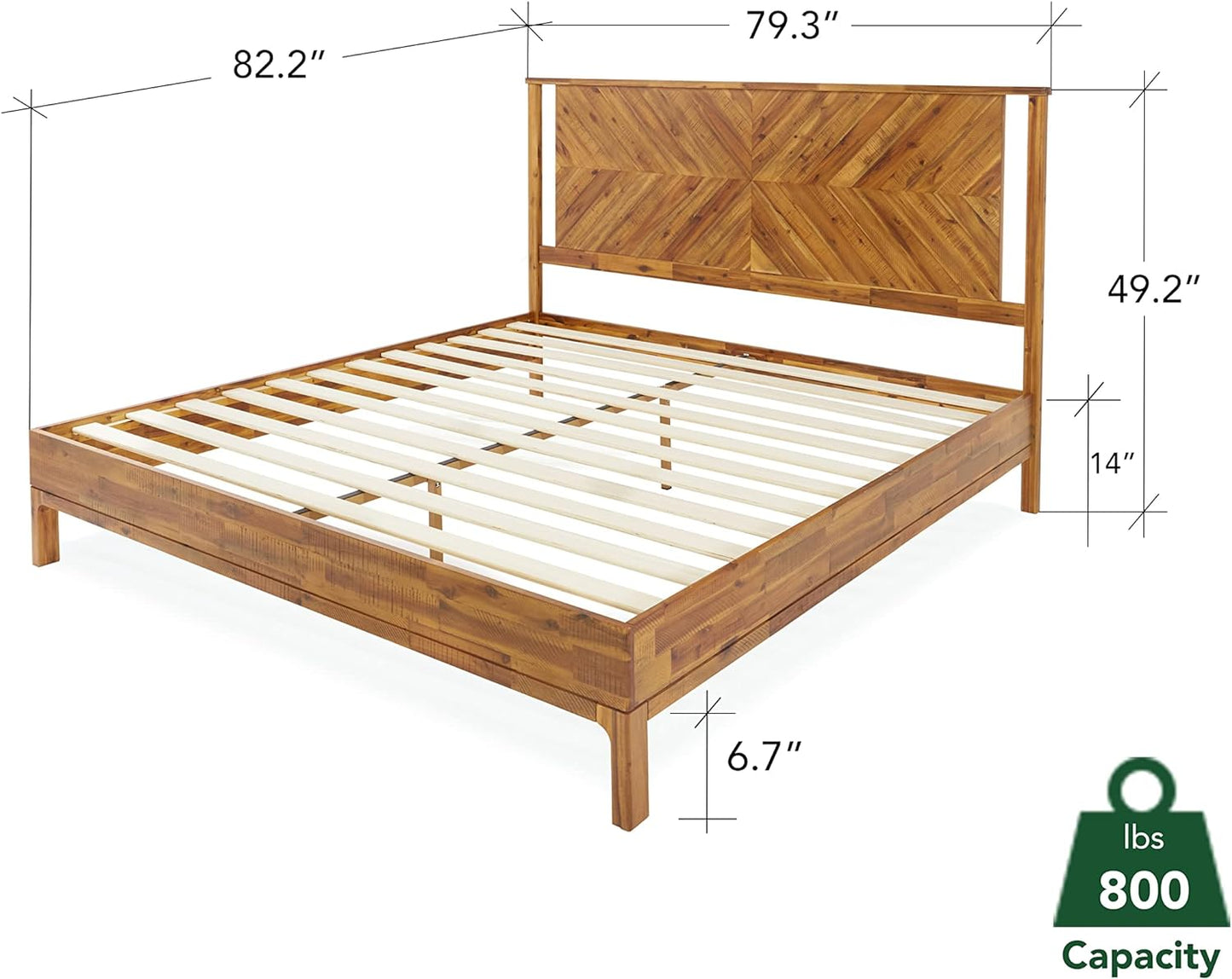 NEW - Bme Vivian King 14 Inch Deluxe Bed Frame with Headboard, Rustic & Scandinavian Style with Solid Acacia Wood, No Box Spring Needed, 12 Strong Wood Slat Support, Easy Assembly, King, Rustic Golden Brown - Retail $400